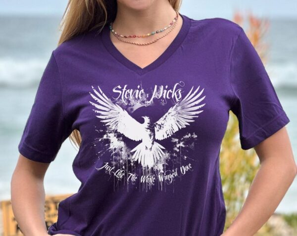 Stevie Nicks White Winged Dove T-Shirt, Vintage Rock Band Tee, Retro Music Lover Gift, Boho Graphic V-Neck Top, 70s Style Shirt - Image 2