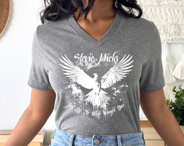 Stevie Nicks White Winged Dove T-Shirt, Vintage Rock Band Tee, Retro Music Lover Gift, Boho Graphic V-Neck Top, 70s Style Shirt